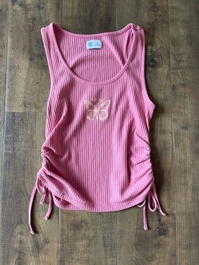 Hurley Pink Ribbed Tank Top Womens Medium Ruched Sides Butterfly